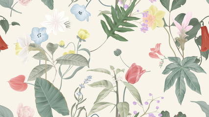 Botanical seamless pattern, various flowers and leaves on light brown, pastel vintage theme
