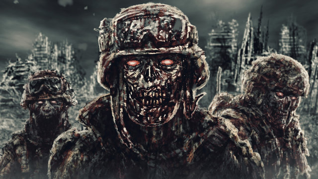Evil zombie soldiers against the background of ruined city.