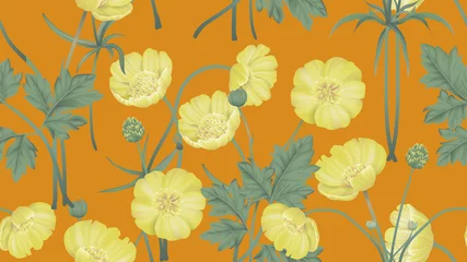 Poster Botanical seamless pattern, yellow creeping buttercup flowers with leaves on orange, pastel vintage theme © momosama
