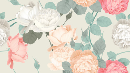 Botanical seamless pattern, roses with leaves on light brown, pastel vintage theme