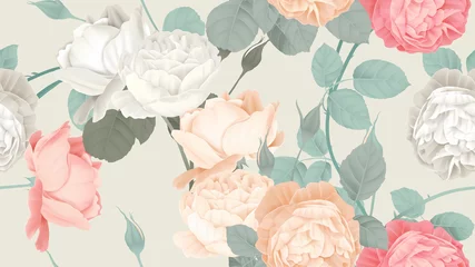 Fotobehang Pastel Botanisch naadloos patroon, rozen met bladeren op lichtbruin, pastel vintage thema