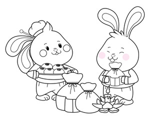 Mid autumn rabbits couple eating food cartoon in black and white