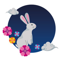 Obraz na płótnie Canvas Rabbit with flowers and clouds