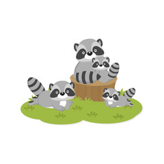 Obraz premium Happy family card. Cute raccoons family