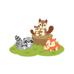 Obraz na płótnie Canvas Cute family woodland animals. Foxes,Raccoons,Squirrels cartoon.