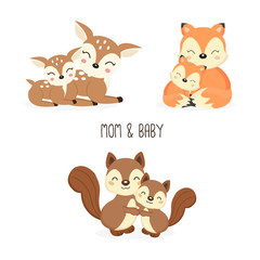 Cute mother and baby woodland animals. Foxes,Deer,Squirrels cartoon.