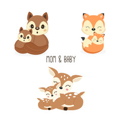 Cute mother and baby woodland animals. Foxes,Deer,Squirrels cartoon.