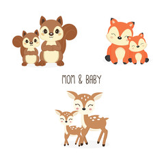 Fototapeta premium Cute mother and baby woodland animals. Foxes,Deer,Squirrels cartoon.