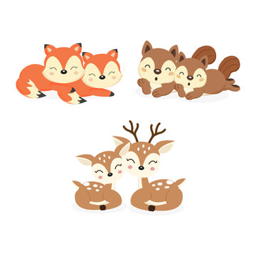 Set of cute couple woodland animals. Foxes,Deer,Squirrels cartoon.