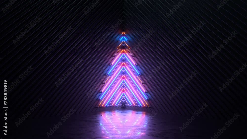 Poster blinking neon symbol of christmas tree. winter holidays symbol. seamless loop 3d render animation