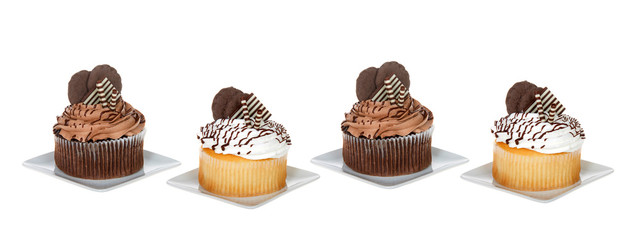 Chocolate and vanilla giant cupcakes on square plates isolated on white. Social media banner format