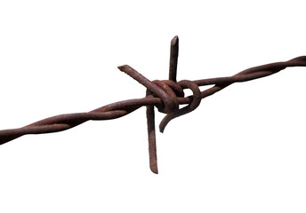 Rusty barbed wire fence isolated on white background. This had clipping path.
