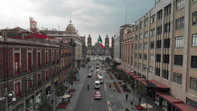 Aerial view of 20 de noviembre av, near Downtown with views of the Monumental Flag, the Zocalo and the Cathedral