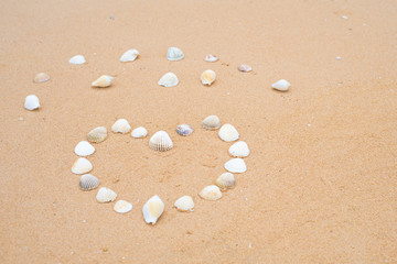 Fototapeta na wymiar small seashells in the shape of a heart on a smooth sandy beach.