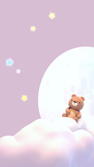 Cute little bear watching beautiful night sky with stars in front of the white full moon. 3d rendering picture. (Vertical)