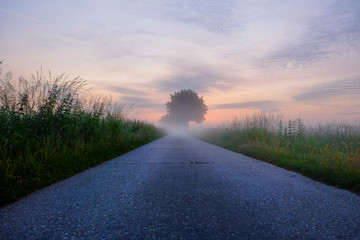 Soft colorful sunrise over a countryside farming area, creating an idyllic scenic landscape