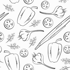 Vector seamless vegetables pattern on white background. Bell pepper, garlic, onion.