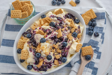 Home made sweet blueberry cheesecake ice cream with cookies