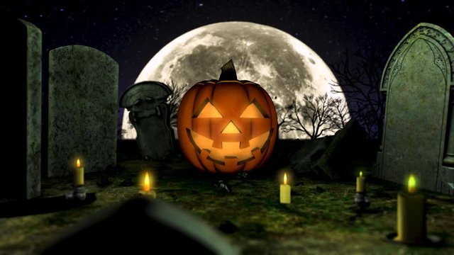 Happy Halloween! Jack lantern is on the cemetery and lit from within. Nearby there are gravestones and candles. In the background, a large moon shines and there are terrible trees. The camera is close