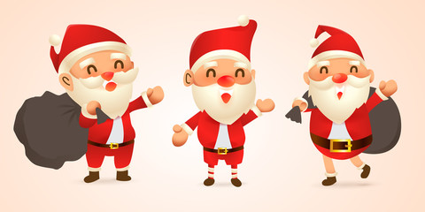 Set of cartoon Christmas illustrations.Funny happy Santa Claus character with raindeer , bag with presents, waving and greeting. For Christmas cards, banners, tags and labels.