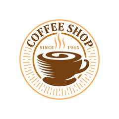 Coffee logo, vector coffee label badge or emblem on isolated white background, cafe