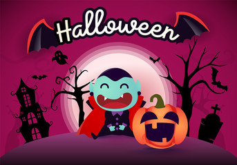 Halloween background with pumpkin Dracula and the moon. Vector illustration
