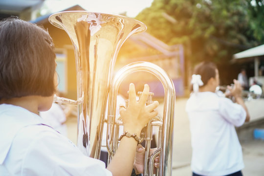 Young student Musician playing the Euphonium with Music practice of Band, Musical concept