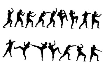 The silhouette of young man is exercising with fighting.