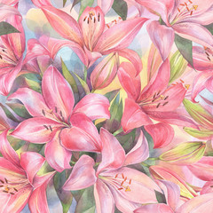Floral seamless pattern with red and pink Lily flowers on colorful background. Hand painted watercolor illustration.