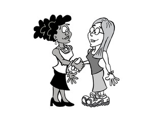 Blond woman and black woman shaking hands