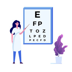 Ophthalmology concept. Ophthalmologist checks patient sight. Vector illustartion.