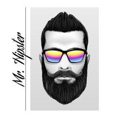 Mr... Hipster slogan. Printing black and white men with beard and mustache in sunglasses.
