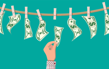 Wet dollar bills hanging on rope attached with clothes pins. Money laundering concept. Dirty money. Hidden wages, salaries black payments, tax evasion, bribe. Anti corruption. Flat vector illustration