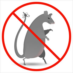 Prohibition for harmful rodents. Prohibitory round sign red with a big gray rat in a flat style. Icon, logo, sticker or design element on the theme of dangerous animals.