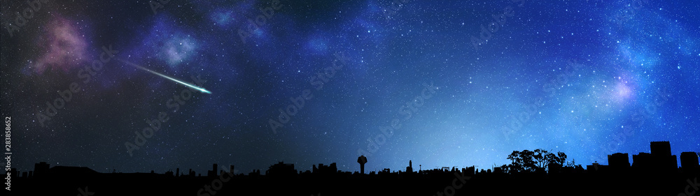Wall mural silhouette city on constellation stars in the universe galaxy background