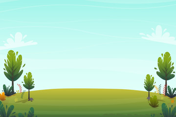 green grass meadow at park or forest trees and bushes flowers scenery background , nature lawn ecology peace vector illustration of forest nature happy funny cartoon style landscape