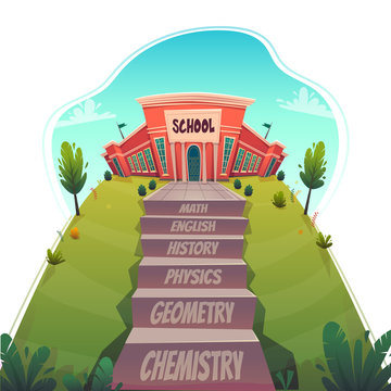 education concept , classes step stairs tu knowledge university , ladder with text math chemistry path to good job graduation . vector catroon funny flat style illustration