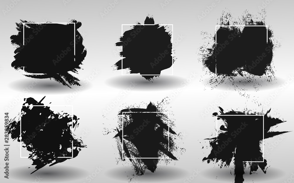 Poster abstract background set grunge texture. brush shape black paint ink color with stroke over square fr