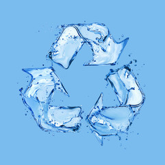 Recycling sign made of water splashes on blue background