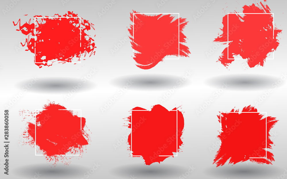 Poster abstract background set grunge texture. brush shape red paint ink color with stroke over square fram