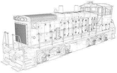 Locomotive wire-frame. Vector illustration. Tracing illustration of 3d.