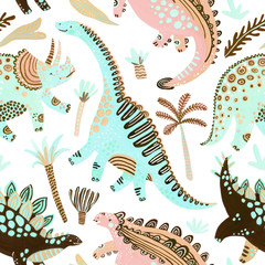 Cute cartoon dinosaurs seamless pattern in scandinavian style © Tanya Syrytsyna
