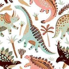 Wallpaper murals Scandinavian style Cute cartoon dinosaurs seamless pattern in scandinavian style