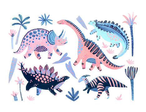 Fototapeta Cute cartoon dinosaurs poster in scandinavian style