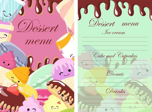 Vector template of dessert, candy, bakery and sweets menu. Sketch hand drawn illustration. Colorful background.