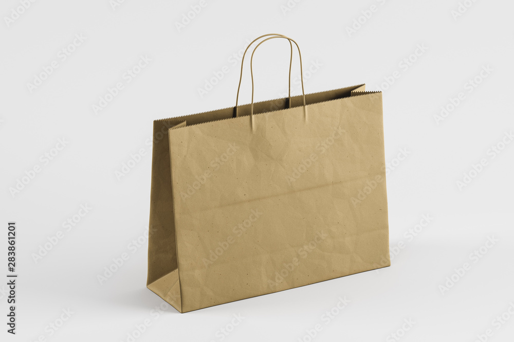 Aufkleber ecological paper bag on a light background with a shadow. side view. mock up. 3d rendering