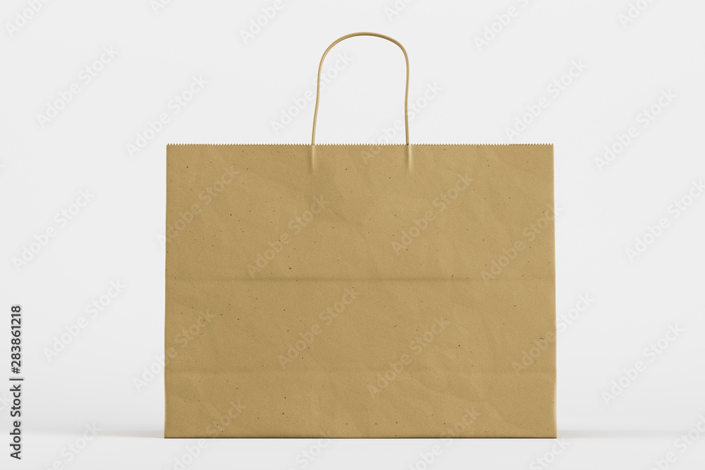 Aufkleber paper bag with handles in a light modern studio. mock up. 3d rendering