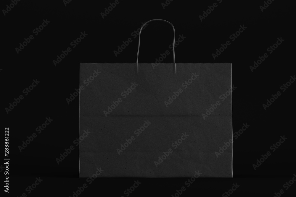 Poster black empty ecological paper bag with handles in a modern studio. mock up. 3d rendering