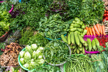 Close up Fresh vegetables in the basket at Local morning market, SAPA, Vietnam