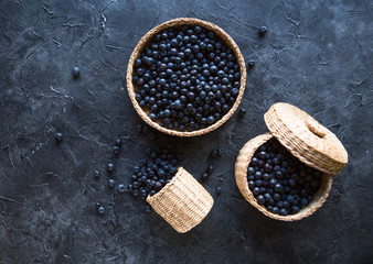 Wild berry. Blueberries Berries lie in basket . Berries are harvested in the forest.